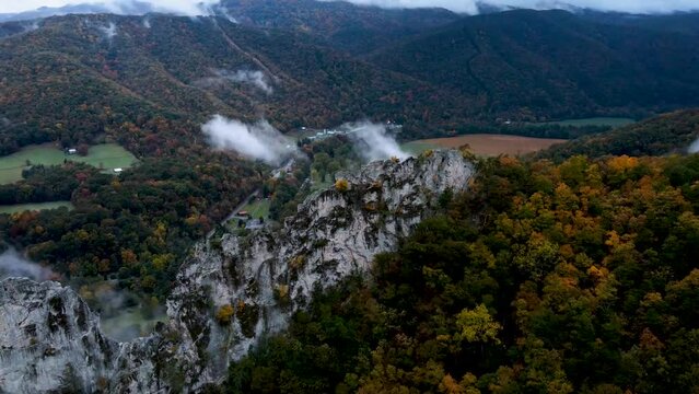 Aerial view of Seneca Rocks during Falls at West Virginia on a rainy day, 