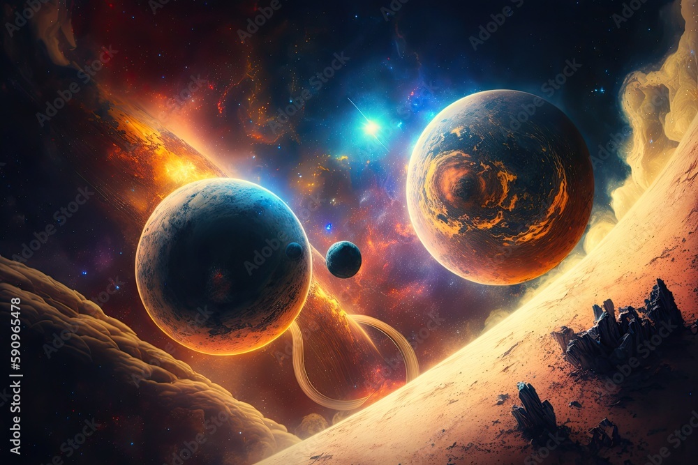 Poster surreal sky with multiple planets suspended in mid-air. generative ai