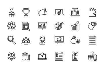 Startup business icon set. Creative innovation strategy team management.
