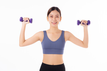 Fototapeta na wymiar Portrait beautiful young asian woman lifting dumbbell isolated on white background, female fitness workout training with holding dumbbell for muscle strong and strength, sport and health care concept.