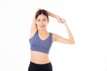 Portrait beautiful young asian woman stretching hands or arms for exercise yoga and relax isolated on white background, female workout training for muscle strong, sport and health care concept.