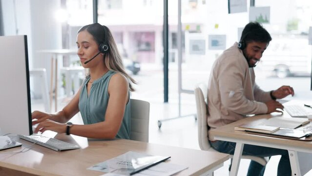 Work friends, paper throw and playful employee staff in a coworking office with fun at job. Happy man, worker and computer employees working with funny, crazy and comic time at call center workplace