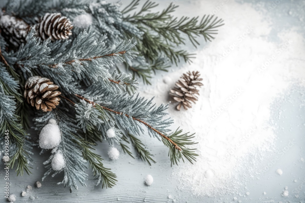 Aufkleber winter forest with snow-covered trees and a stream running through. generative ai