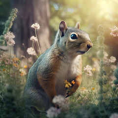 Realistic Squirrel among Wildflowers in a Serene Forest Scene for Generative AI
