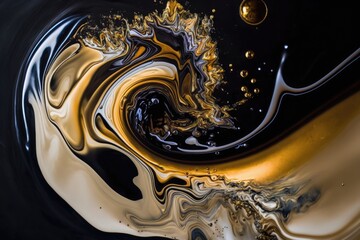 mesmerizing black and gold liquid swirl with effervescent bubbles. Generative AI
