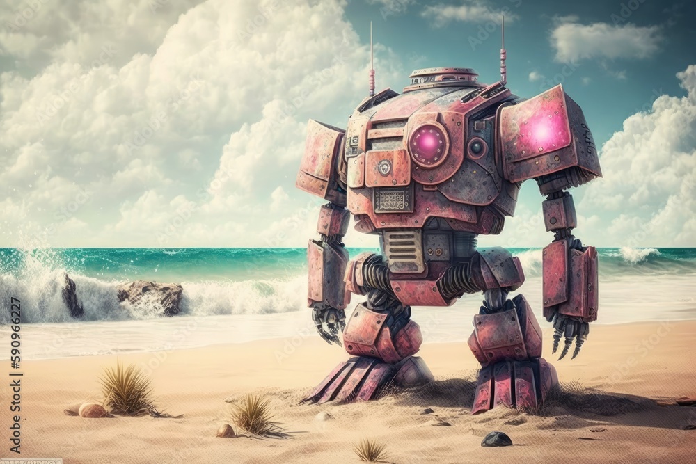 Poster futuristic robot standing on a sandy beach with ocean waves in the background. generative ai