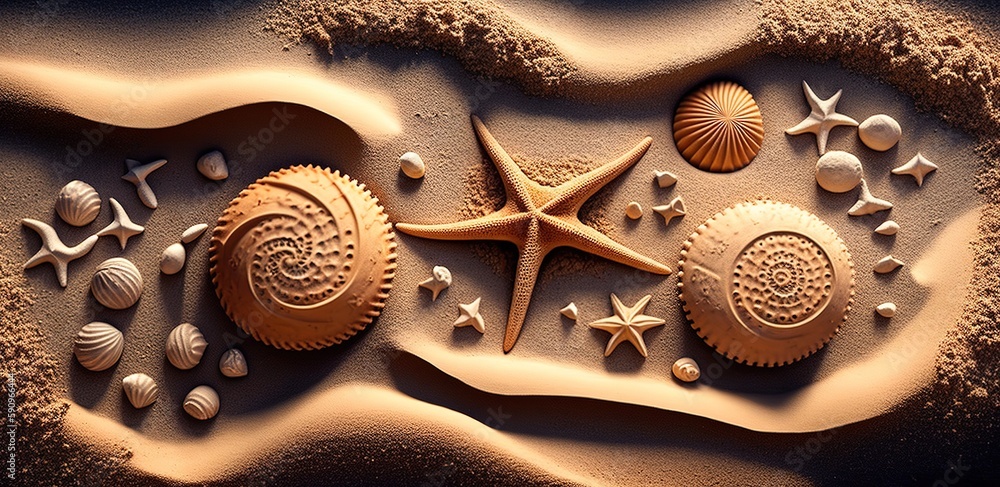 Poster sand with starfish and shells generative ai