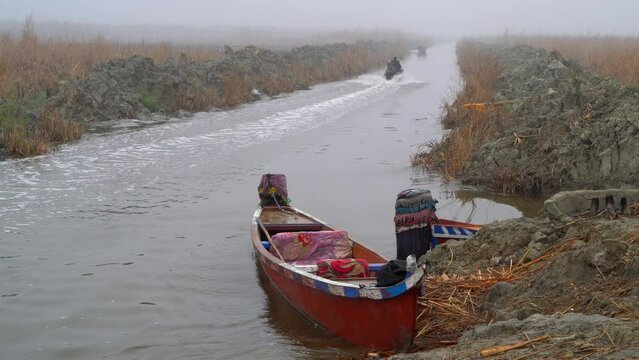Canoe Boat Navigating Along Mesopotamian Marshes in Iraq, Wooden Canoe Anchored on Shore