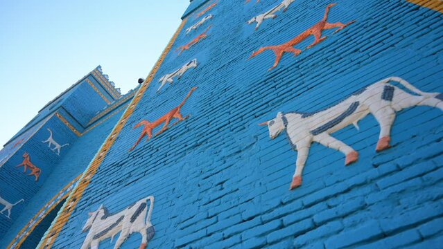 Ishtar Gate, Blue Brick Decorated Colorful Archway Wall in Babylon City Ruins Iraq, Low Angle View