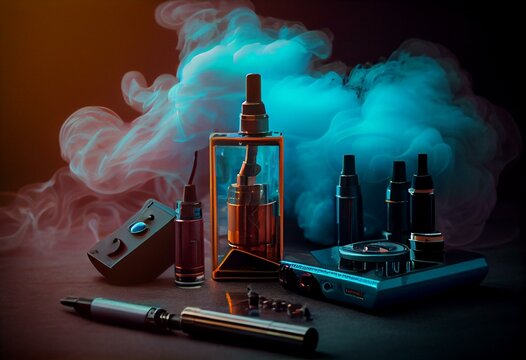 Electronic cigarettes on the background of Smoking accessories. Smoking gadgets. E-cigarettes. The concept of vaping. VAPE shop. Sale of accessories for Smoking electronic cigarettes. Generative AI