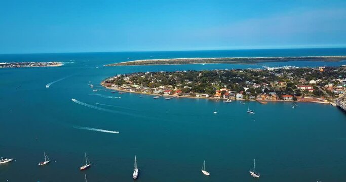 Aerial View of St Augustine, Florida in Summer, Bridge of Lions, and city skyline harbor