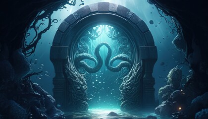 kraken lair portal, digital art illustration, Generative AI