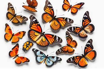 colorful group of butterflies on a plain white background. Generative AI
