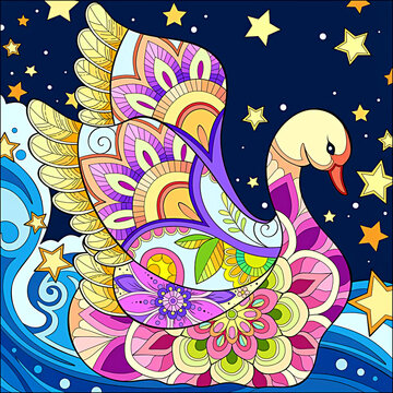 illustration of a colorful pattern in the shape of a swan with stars 