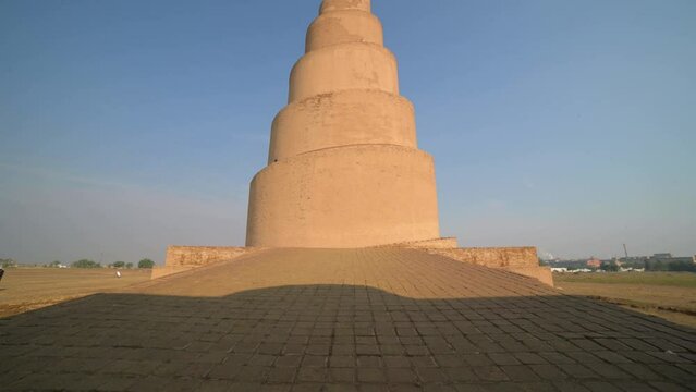 Spiral minaret of the Great Mosque of Samarra in Iraq, reveal push-in