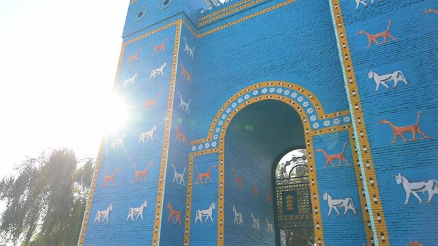 Slow pan of replica of Ishtar Gate at the Babylon ruins in Iraq