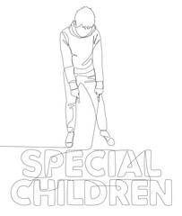 One continuous line of Man pointing with finger at Special Children word. Thin Line Illustration vector concept. Contour Drawing Creative ideas.