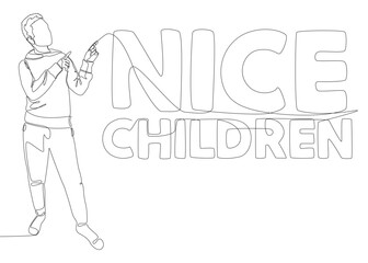 One continuous line of Man pointing with finger at Nice Children word. Thin Line Illustration vector concept. Contour Drawing Creative ideas.