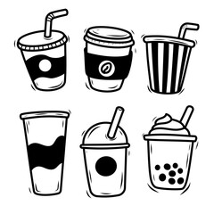 Set of disposable drink cup vector illustrations in cute hand-drawn style isolated on white background
