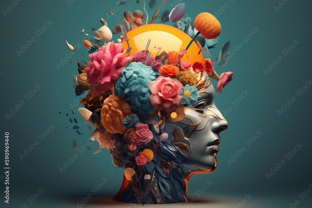 Sticker Colorful 3D collage illustration representing a person with a creative mind - Stickers