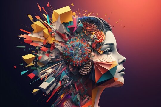 Colorful 3D collage illustration representing a person with a creative mind interfacing with AI machine tools