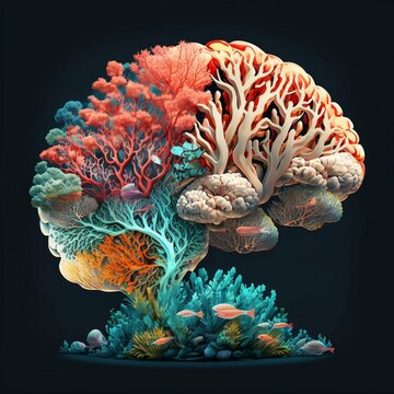 Coral reef human brain illustrative concept for Earth Day, environmentalism, mental health, positive thinking