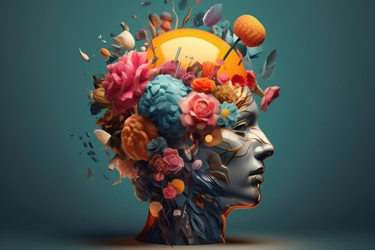 Colorful 3D collage illustration representing a person with a creative mind