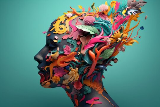 Colorful 3D collage illustration representing a person with a creative mind