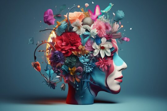 Colorful 3D collage illustration representing a person with a creative mind