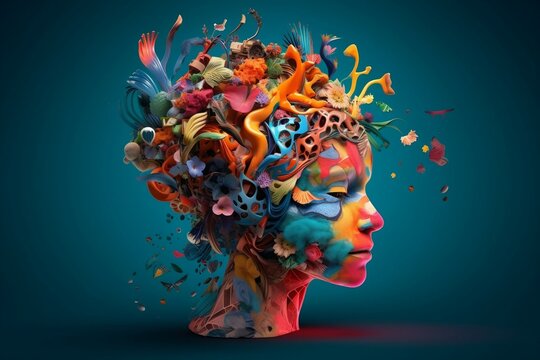 Colorful 3D collage illustration representing a person with a creative mind