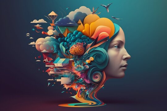 Colorful 3D collage illustration representing a person with a creative mind interfacing with AI machine tools