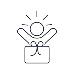 The man is delighted with the gift. Vector linear icon isolated on white background.