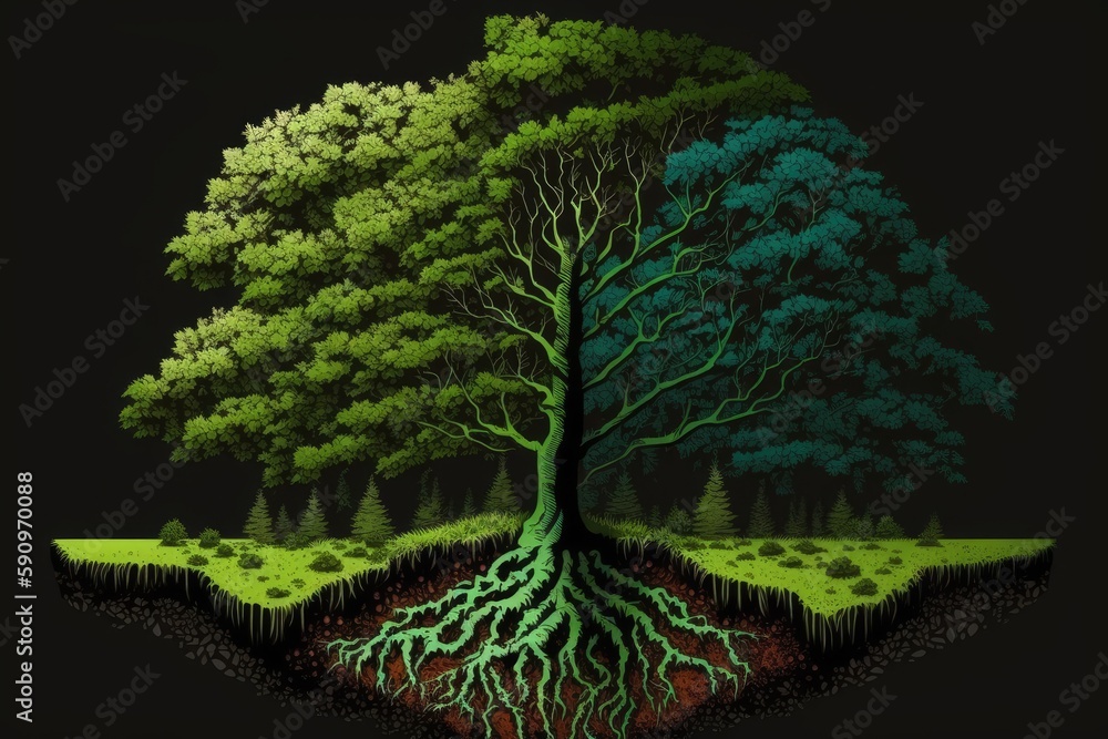 Aufkleber tree with visible roots. generative ai