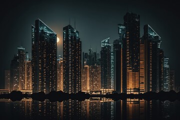 Naklejka premium city skyline at night with towering skyscrapers. Generative AI