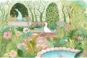 A beautiful and whimsical illustration of a hidden garden with various plants, flowers, and small animals, Generative AI