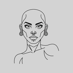 Woman drawing with lines, with piercing and without hair