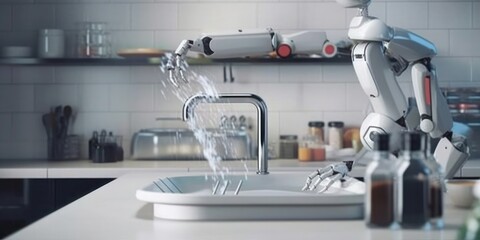 The AI robot is washing dishes in the kitchen, Generative AI