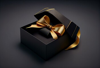 Realistic black open gift box with golden ribbon bow. Concept of abstract holiday, birthday or wedding present or surprise. 3d high quality isolated render. Generative AI