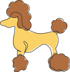 One single line drawing of simple cute poodle puppy dog icon. Pet shop logo emblem vector concept. Trendy continuous line graphic draw design illustration