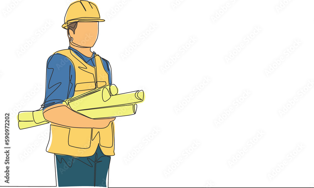 Poster single continuous line drawing of young attractive architecture holding building sketch design bluep