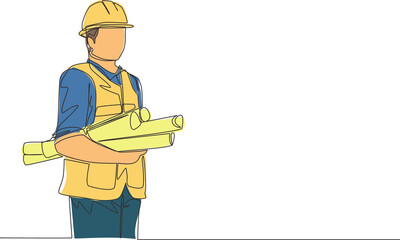 Single continuous line drawing of young attractive architecture holding building sketch design blueprint roll paper. House maintenance service concept one line draw design illustration