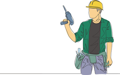 One single line drawing of young handyman wearing uniform while holding drill machine. Repairman construction maintenance service concept. Continuous line draw design illustration