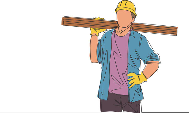 builder carrying wood planks, line art style clip art preview