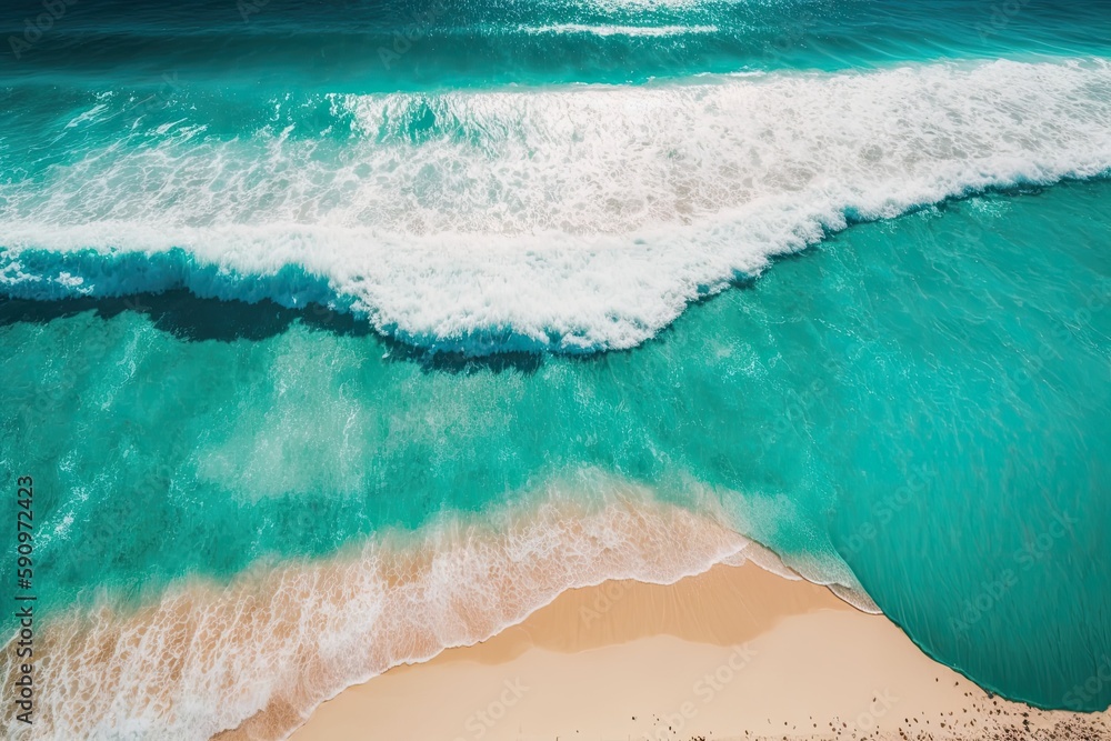 Poster aerial view of a beach and the waves of the ocean. generative ai