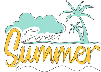 Fototapeta na wymiar Single continuous line drawing of cute and cool travel holiday typography quote - Sweet Summer. Calligraphic design for print, card, banner, poster. One line graphic draw design vector illustration