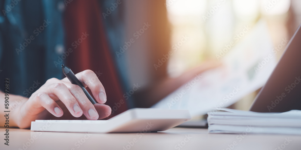 Poster business people use calculator to calculate documents, profit and loss statement review concept of c