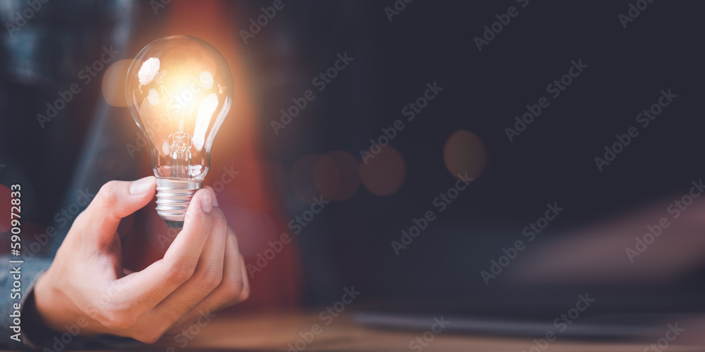 Poster entrepreneur shows innovative ideas and brain power from brainstorming with light bulbs ,finding new