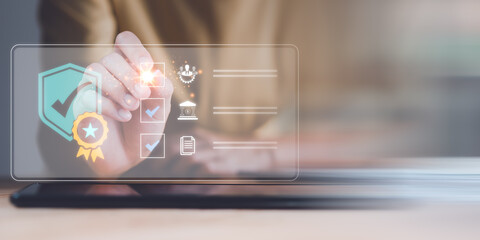 businessman show concept Inspection of quality and standards of the organization,Human Resources, Documents and Finance Management ,Industry Certification, Guarantee, management or quality assurance