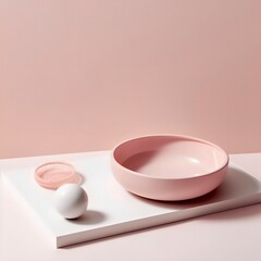 pink ceramic bowl, pale pink background, minimalistic objects, high-key lighting, object juxtaposition, matte photo, polished metamorphosis, contrast of scale, pink bowl toothpaste, minimalist simplic