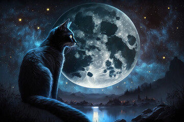 Black cat with full moon and surreal cosmic sky background illustration. Generative AI